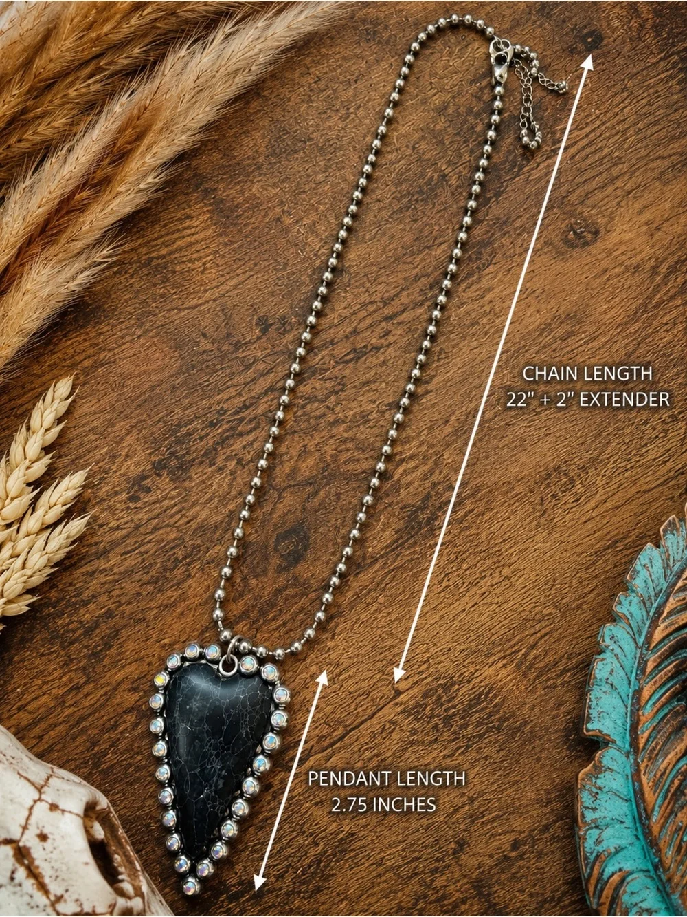 Western Black Arrowhead Statement Necklace Rhinestone Pendant Boho Cowgirl